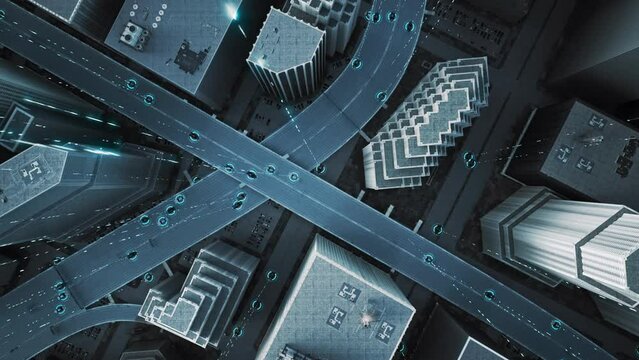 Aerial View of Driverless Vehicles on Inner City Highway Intersection Autnomous Cars Self Driving Technology Urbanisation Divigtal Connections Network Concept