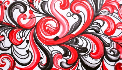  Elegant calligraphic ornament of red and black curly lines, on a white background; hand draw 