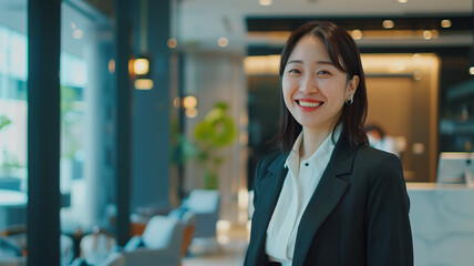 オフィスロビーで顧客を迎えるビジネスウーマン