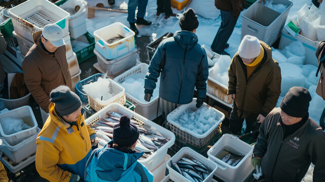港での魚のセリ 市場