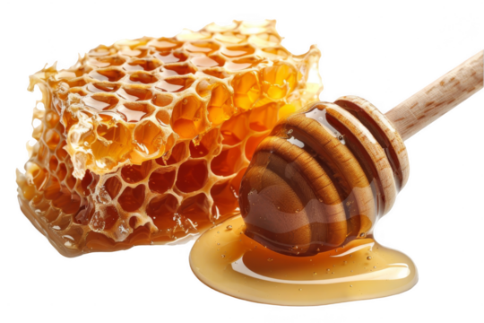 A honeycomb with a wooden spoon on top of it on A Transparent Background.