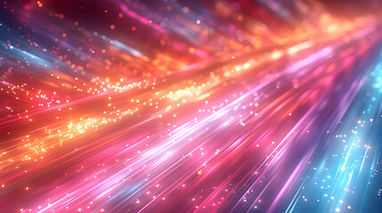 Fototapeta premium Colorful vibrant neon light stripes and dots, illuminated modern light waves, luminous lighttail stripes on a dark moody background, futuristic design, modern elegant light art