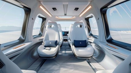 The spacious and sleek interior of the eVTOL providing a comfortable and luxurious travel experience.
