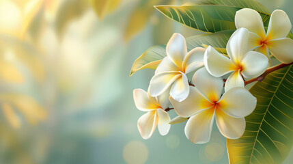 Fototapeta premium Beautiful white and yellow frangipani flowers blooming on a green leafy branch with soft background.