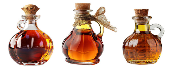 Three bottles of alcohol with cork stoppers on a Transparent Background.