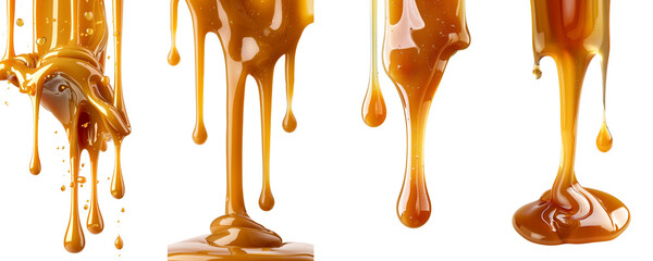 Four different types of caramel drizzles, each with a unique texture and color on a Transparent Background.