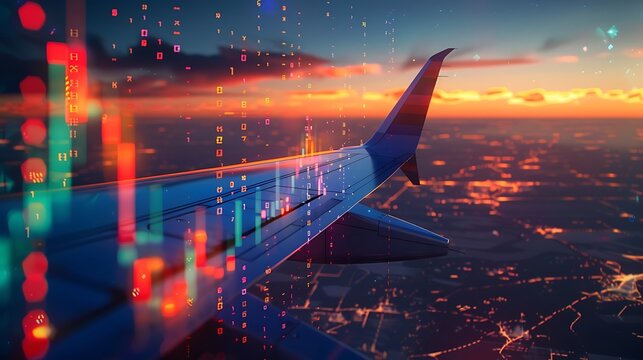 Airplane flying through a financial stock market candlestick charts data visualization. Flight tickets pricing value increase and decrease concept.