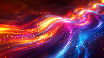 Obraz premium Colorful vibrant neon light stripes and dots, illuminated modern light waves, luminous lighttail stripes on a dark moody background, futuristic design, modern elegant light art