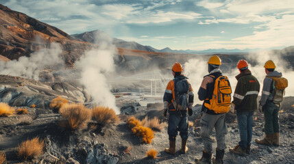 A group of workers in safety gear stand observing geothermal steam vents in a mountainous landscape.