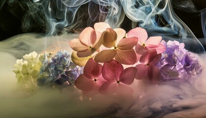 digital smoke art, Bioluminescent, transparent multi-color hydrangeas, closeup, macro photographics