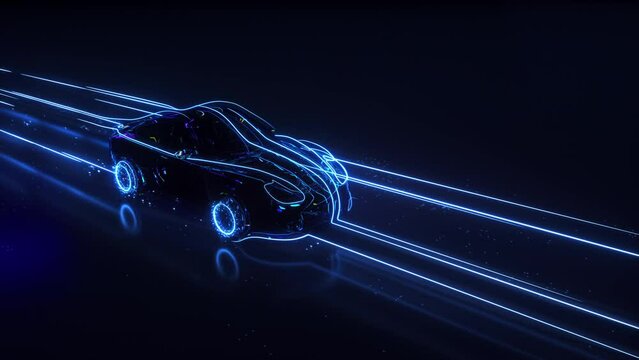 Speeding Sports Car On Neon Highway Powerful Acceleration of a Supercar on a Night Track with Colorful Lights and Trails 3d Animation