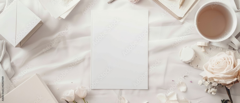 Wall mural flat lay paper mockup on workspace. empty sheet in the middle. top view, copy space.