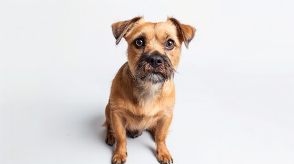 Obraz premium Border terrier sitting with a curious expression, centered on solid white background