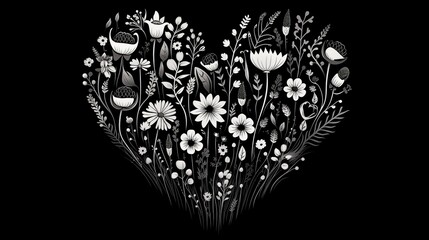 Fototapeta premium Intricate Black and White Heart-Shaped Floral Illustration with Flowers and Leaves