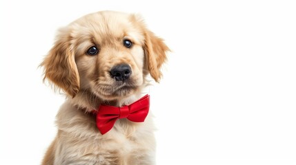 Golden retriever puppy with red bow tie, isolated on solid white background