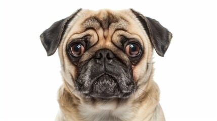 Pug with wrinkled face, isolated on solid white background