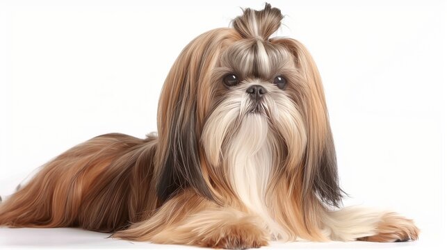 Shih Tzu with long, silky hair, isolated on solid white background