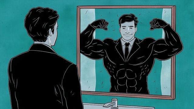 A person looking in the mirror in a suit, in the reflection is the same person but muscular in a suit, an image that represents self-deception