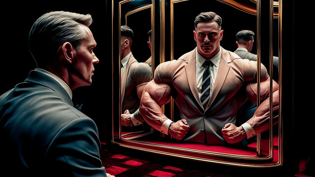 A person looking in the mirror in a suit, in the reflection is the same person but muscular in a suit, an image that represents self-deception