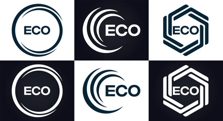 ECO logo. E C O design. White ECO letter. ECO, E C O letter logo design. E C O letter logo design in FIVE, FOUR, THREE, style. letter logo set in one artboard. E C O letter logo vector design.
