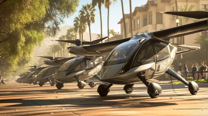 Fototapeta premium A line of air taxis waiting in front of the cam main library ready to take students to their next class or study session.