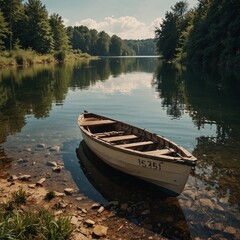 Obraz premium a boat leaning against an old lake a beautiful sunny day generative ai