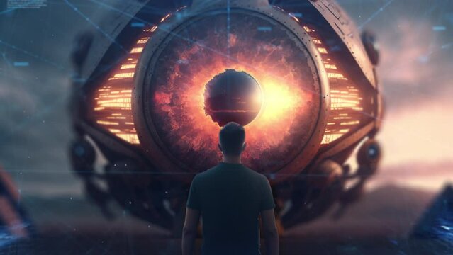The Future of Humanity A Man Standing in Awe of the All-Powerful Artificial Intelligence Overlord with Concepts of Technological Advancement Science Fiction and Dystopian Societies Additional Keywords