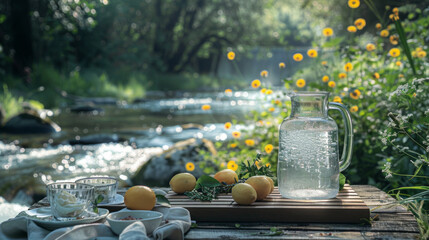 Idyllic summer picnic by a river with fresh lemons and water in a glass jar, surrounded by wildflowers.