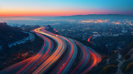 A stunning long exposure shot capturing the bustling traffic of a busy highway as night falls over the city.