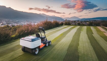  Lawn mower cutting green grass in backyard, mowing lawn