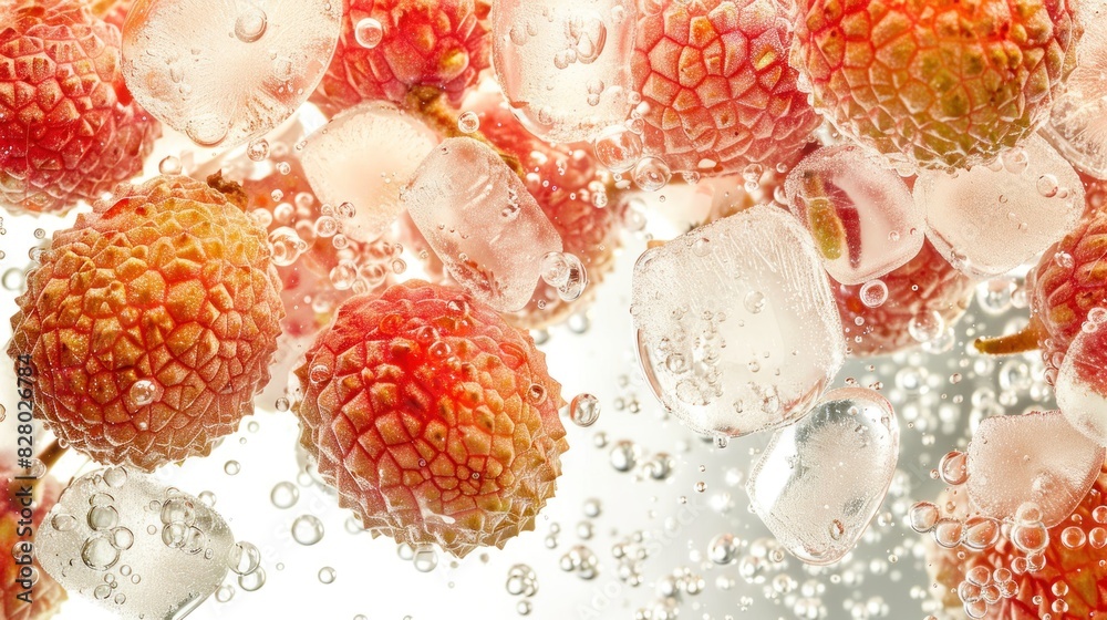 Sticker Lychee slices and ice cubes floating in sparkling water, summer drink refreshment