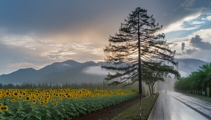  Sunflowers grow near a large tree to see the sunrise, with mountains and blue sky; it's rain
