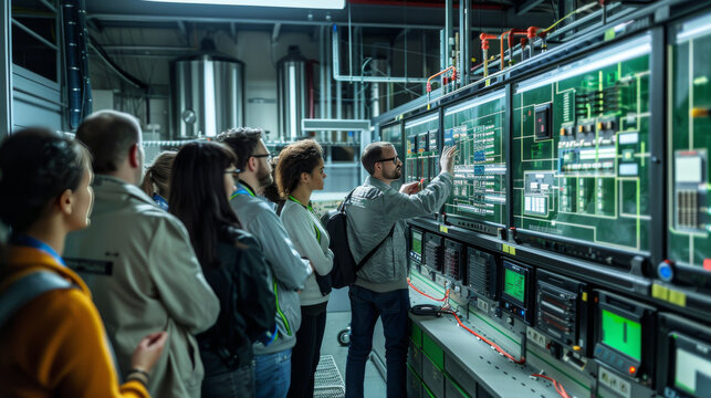 A diverse group of engineers during a training session in a high-tech industrial control room.