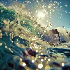 A person is happily riding a wave on a surfboard in the liquid world of the ocean, surrounded by the vast sky and majestic astronomical objects AIG50