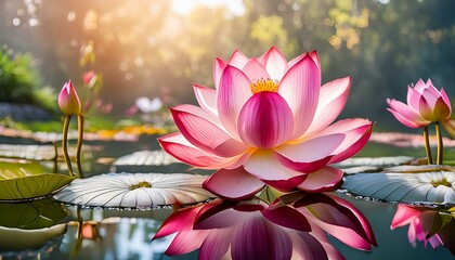 Beautiful pink water lily flower with leaves in a pond, beauty in nature concept banne - Powered by Adobe