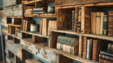 A discarded wooden pallet skillfully repurposed into a multitiered storage shelf for displaying decor or organizing books.