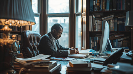 An elderly African American man focused on writing notes in a richly furnished home library.