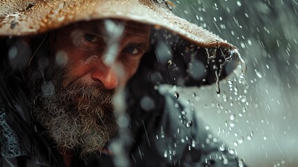 Serious bearded mature man looking at the camera, with a thick beard and a wide-brimmed hat in the rain.Intense expression reflecting the wisdom.His eyes telling stories of hardship and survival - Powered by Adobe