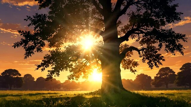 Animation of the Sun breaking through a sycamore tree at sunset on a summer meadow  Seamless looping 4k time-lapse animation video background