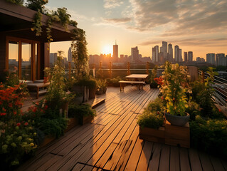 Obraz premium Sunset on rooftop garden, Rooftop garden afternoon view, garden corner on rooftop in an afternoon sunset