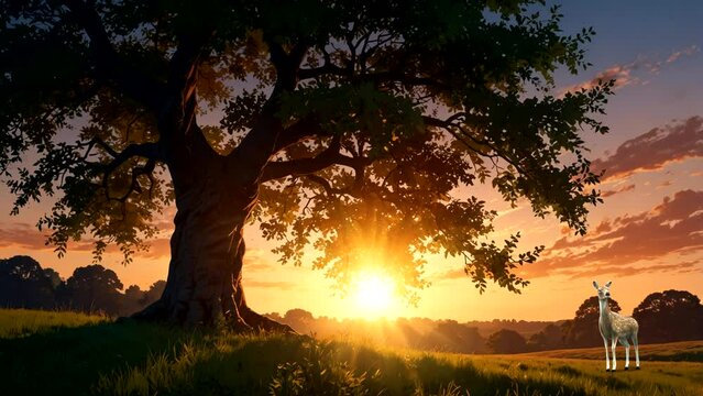 Animation of the Sun breaking through a sycamore tree at sunset on a summer meadow  Seamless looping 4k time-lapse animation video background