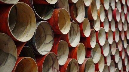 A massive wall of cardboard tubes each one painted and arranged to form a stunning geometric...
