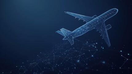 Abstract low poly airplane flying on dark blue background