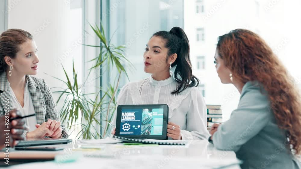 Poster teamwork, tablet for artificial intelligence presentation and business people in office boardroom to