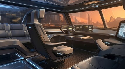 A closeup of an eVTOLs sleek interior reveals comfortable seating and stateoftheart touch screens providing a luxurious and convenient travel experience.