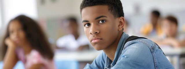 A thoughtful, diligent male african american teenage learner engrossed in his classroom assignment, his gaze fixed on the task at hand, exuding a quiet, intellectual focus.