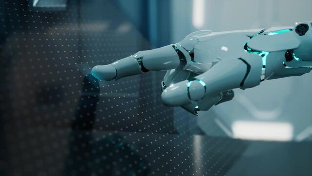 AI Robot Touching A Circuit Board With A Finger On It's Hand Workshop Animation Natural Language Processing