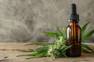 Fototapeta premium Cannabis herb and leaves with oil extracts in jars. medical concept