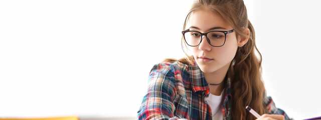 A thoughtful, diligent female caucasian teenage learner engrossed in her classroom assignment, her gaze fixed on the task at hand, exuding a quiet, intellectual focus. - Powered by Adobe