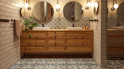 A cozy bathroom with a patterned tile floor, natural wood vanity. Generative Ai